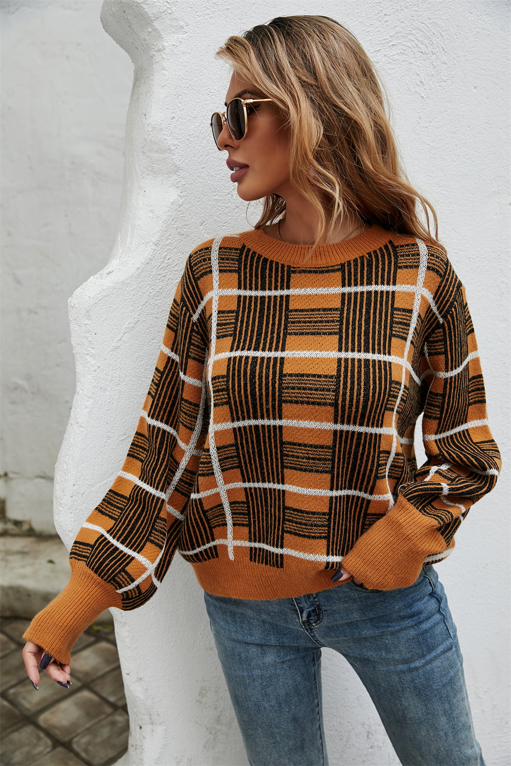 Casual Chic Block Printed Round Neck Dropped Shoulder Sweater OniTakai