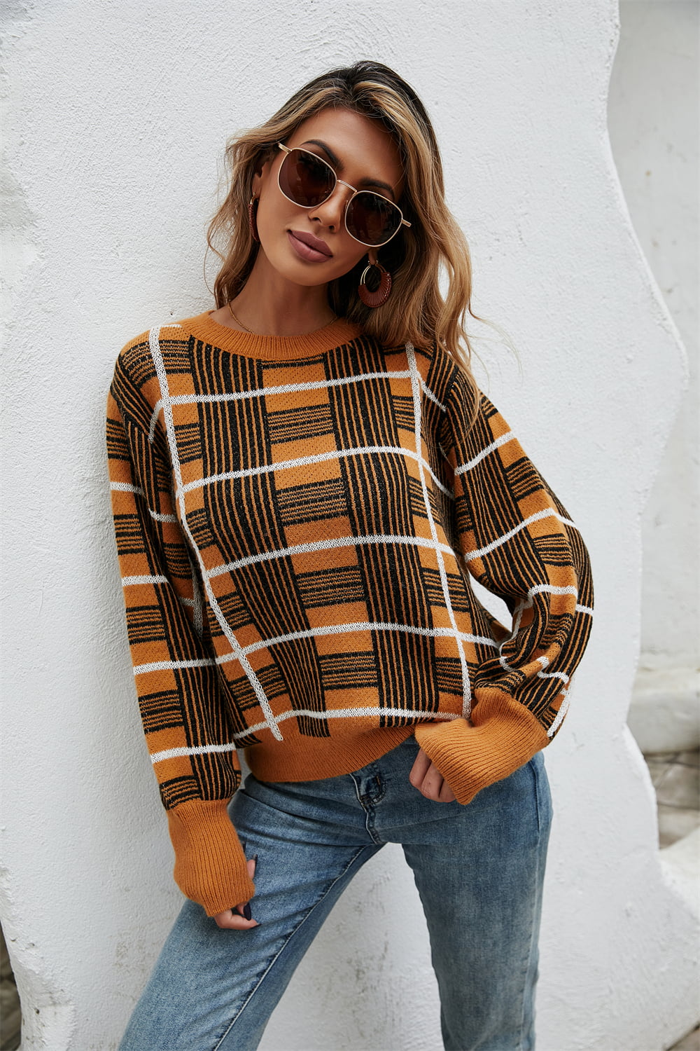 Casual Chic Block Printed Round Neck Dropped Shoulder Sweater OniTakai