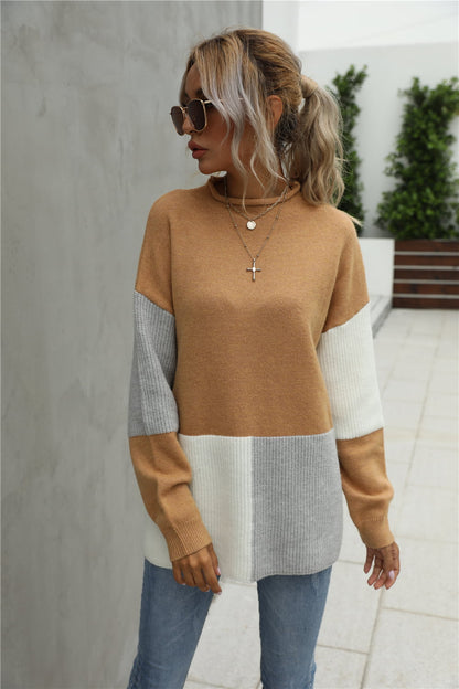 Casual Chic Color Block Round Neck Dropped Shoulder Sweater OniTakai