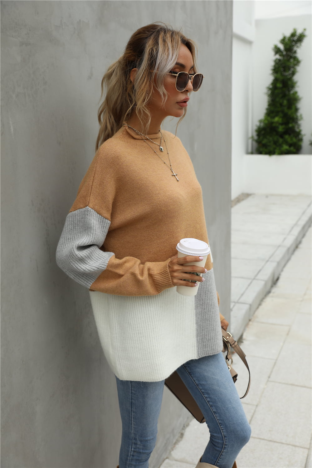 Casual Chic Color Block Round Neck Dropped Shoulder Sweater OniTakai