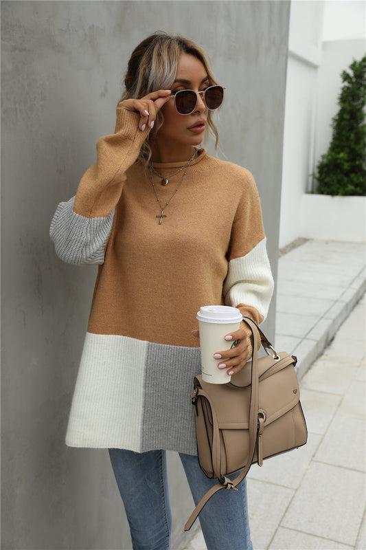 Casual Chic Color Block Round Neck Dropped Shoulder Sweater OniTakai