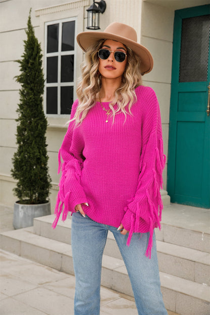 Casual Chic Ribbed Round Neck Fringe Detail Sweater OniTakai