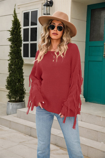 Casual Chic Ribbed Round Neck Fringe Detail Sweater OniTakai