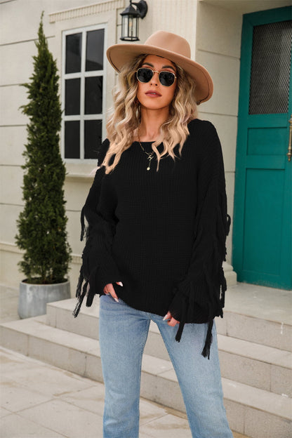 Casual Chic Ribbed Round Neck Fringe Detail Sweater OniTakai