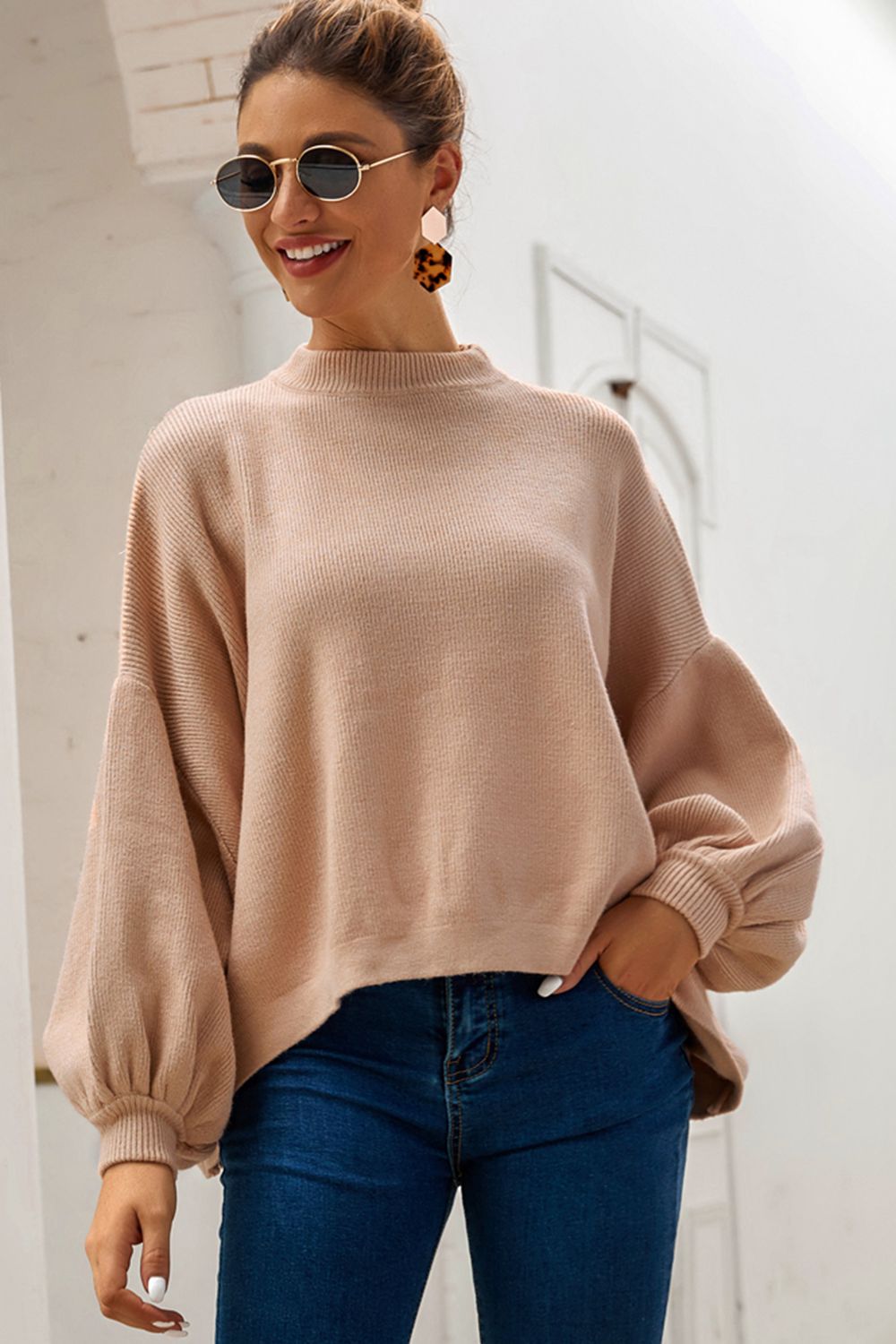 Casual Chic Round Neck Dropped Shoulder Lantern Sleeve Sweater OniTakai