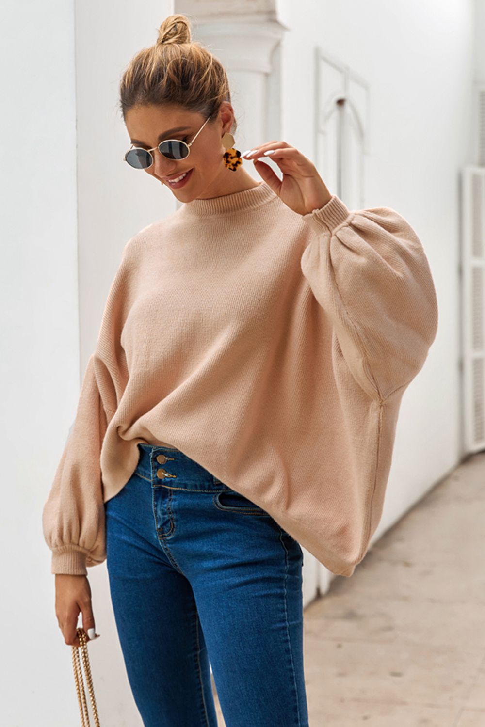 Casual Chic Round Neck Dropped Shoulder Lantern Sleeve Sweater OniTakai