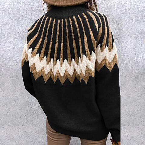 Casual Geometric Print Mock Neck Long Sleeve Sweater OniTakai