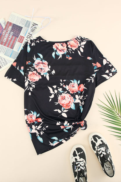 Casual Multi Floral Print Round Neck Short Sleeve T-Shirt OniTakai