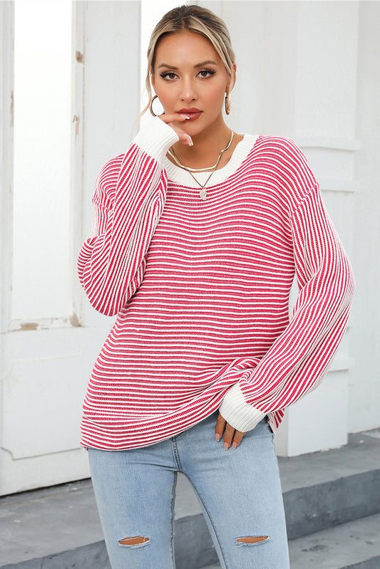 Casual Striped Round Neck Long Sleeve Knitted Thermal Top OniTakai