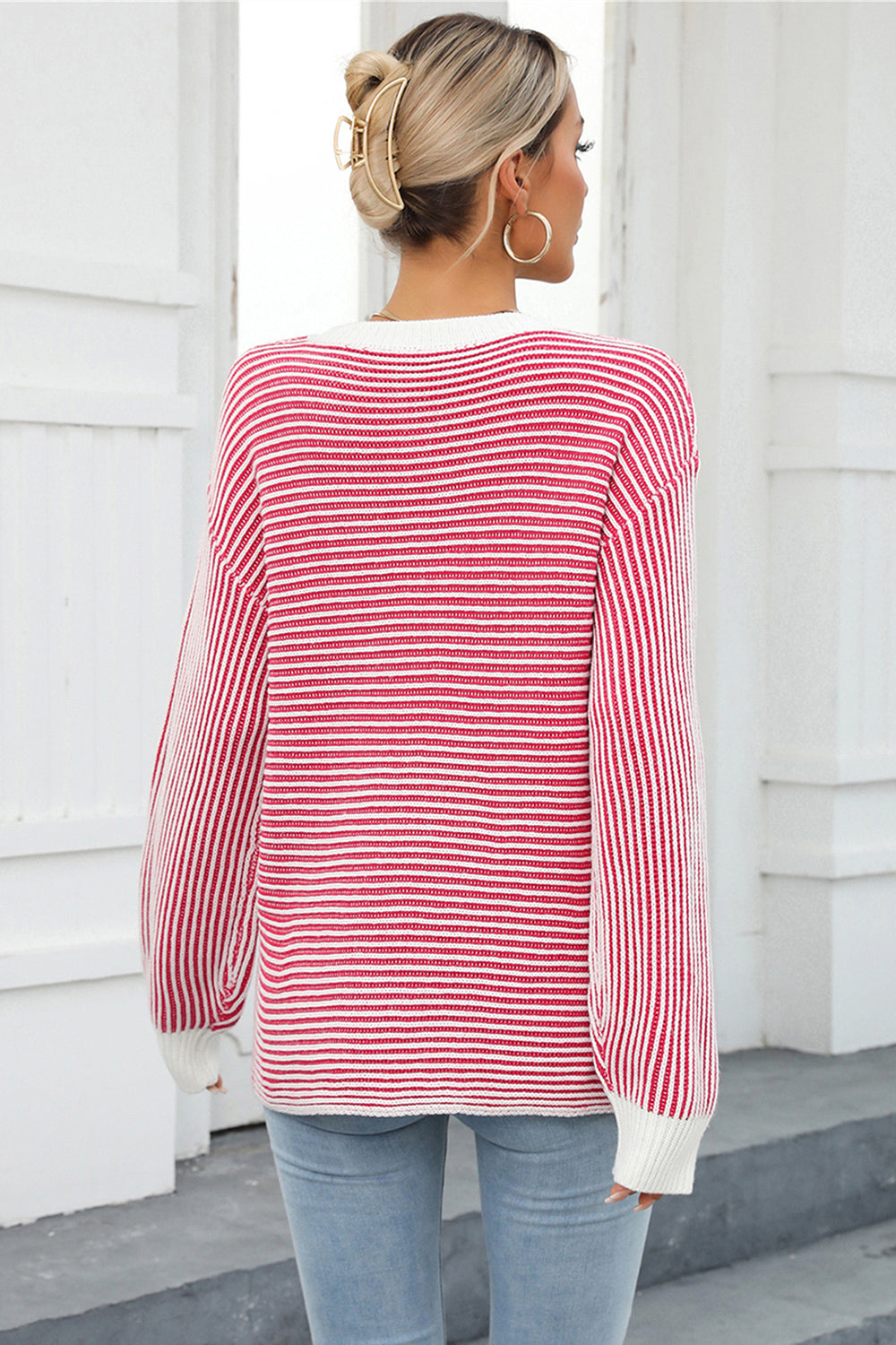 Casual Striped Round Neck Long Sleeve Knitted Thermal Top OniTakai