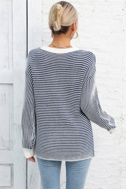 Casual Striped Round Neck Long Sleeve Knitted Thermal Top OniTakai