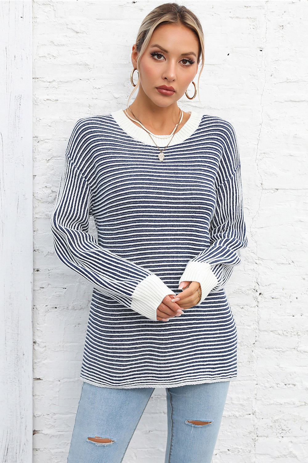 Casual Striped Round Neck Long Sleeve Knitted Thermal Top OniTakai