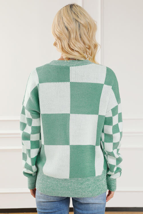 Checkered Drop Shoulder Long Sleeve Sweater OniTakai