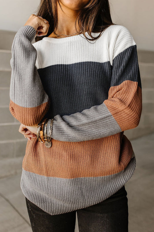 Chestnut Color Block Knitted O-neck Pullover Sweater OniTakai