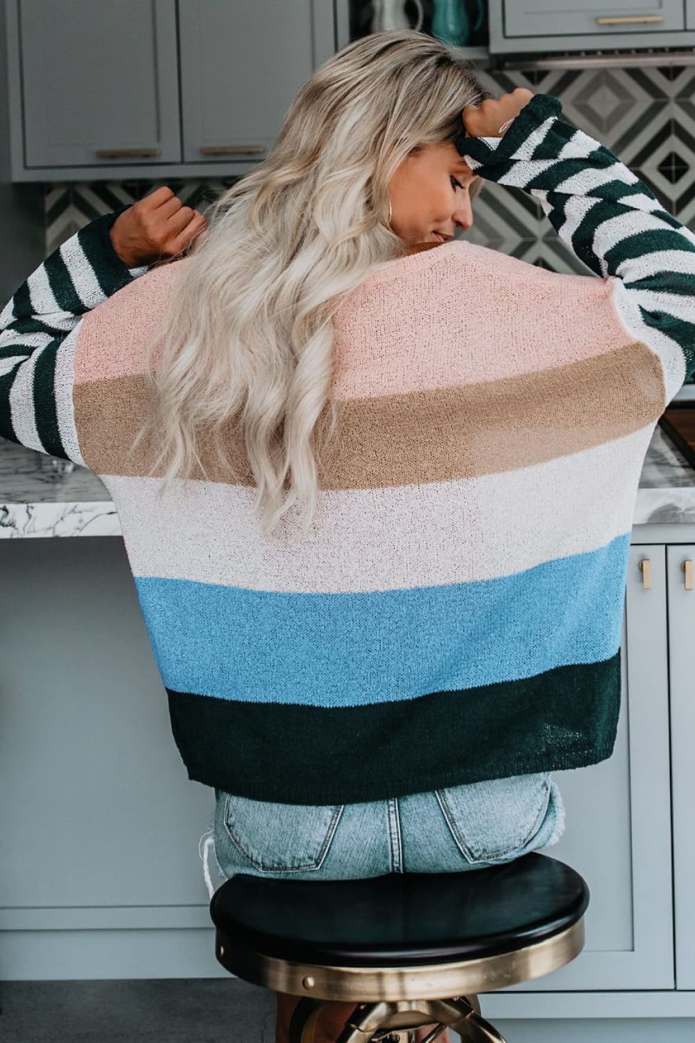 Chic Striped Color Block Boat Neck Dropped Shoulder Sweater OniTakai