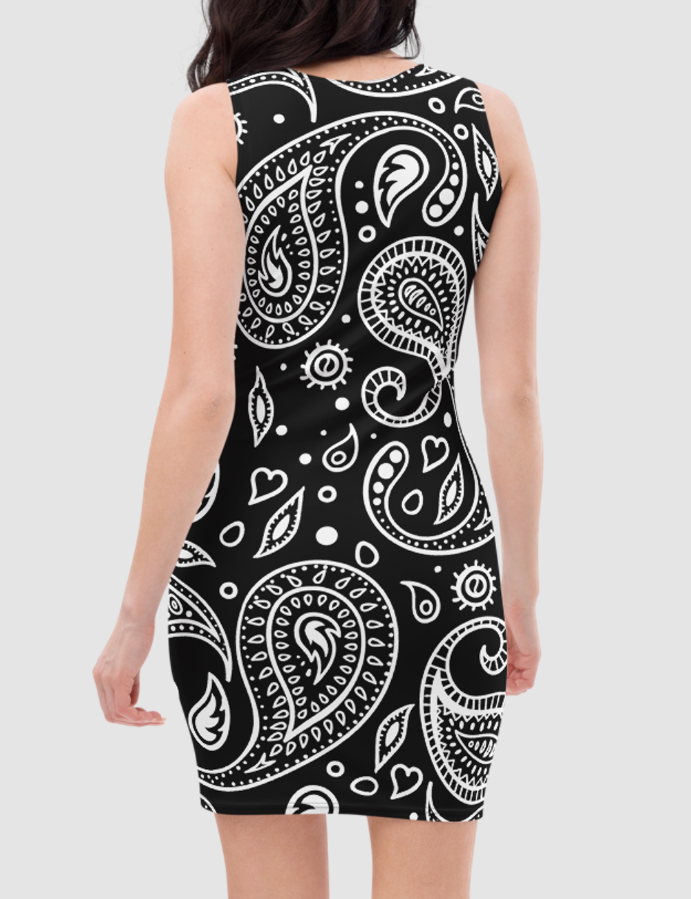 Classic Black And White Paisley Design | Women's Sleeveless Fitted Sublimated Dress OniTakai