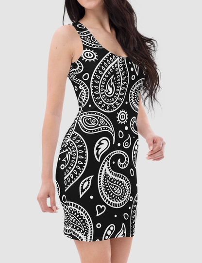 Classic Black And White Paisley Design | Women's Sleeveless Fitted Sublimated Dress OniTakai