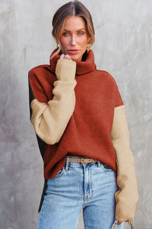 Clay Red Color Block Turtle Neck Drop Shoulder Knit Sweater OniTakai