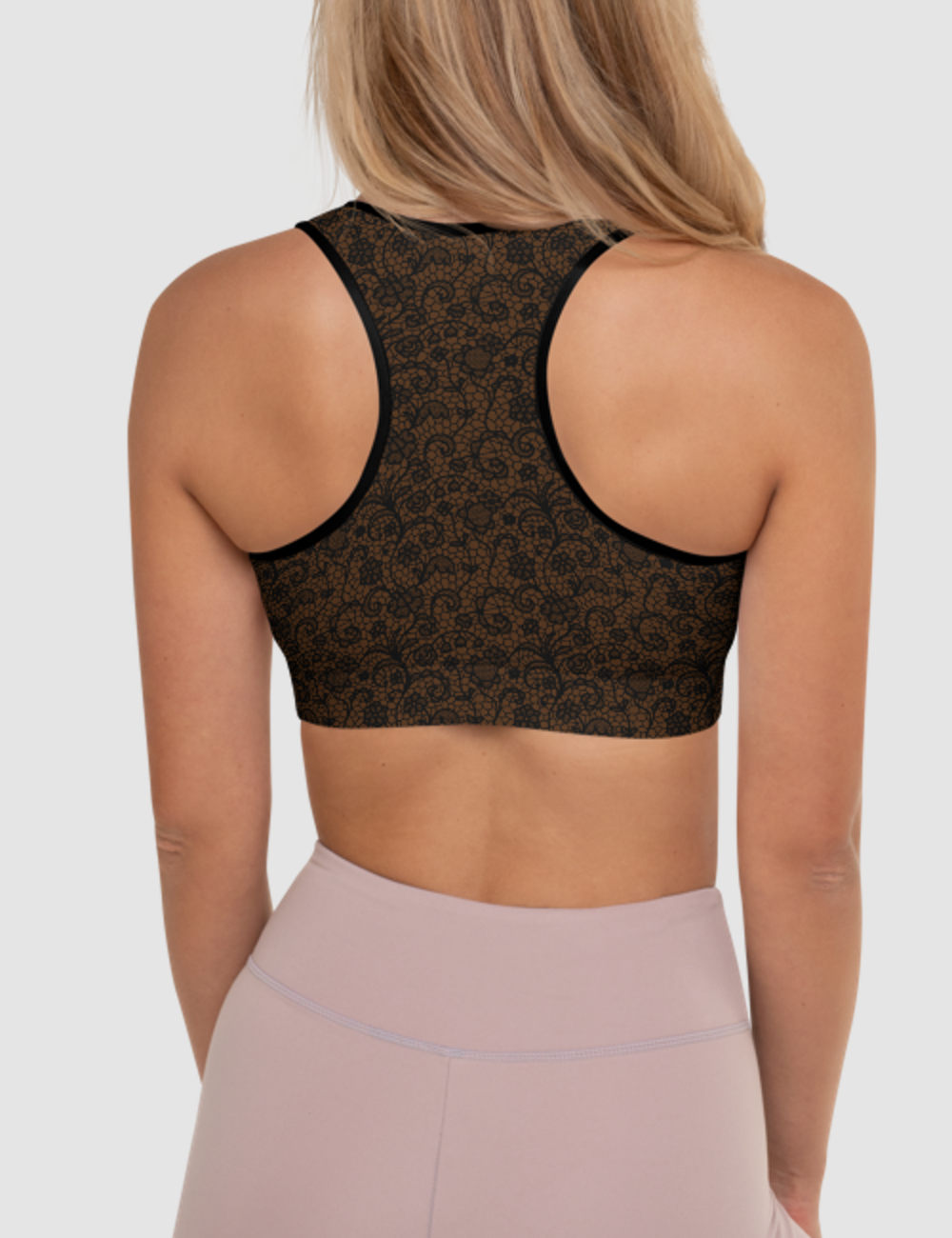 Coffee Style Faux Lace Crochet Print Pattern | Women's Padded Sports Bra OniTakai