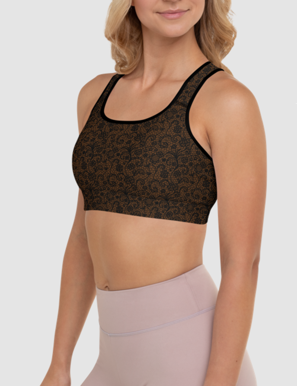 Coffee Style Faux Lace Crochet Print Pattern | Women's Padded Sports Bra OniTakai