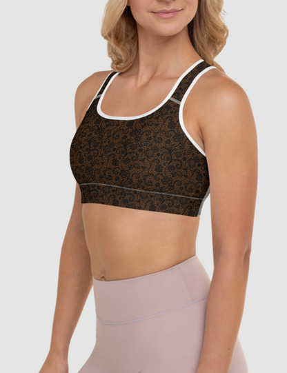 Coffee Style Faux Lace Crochet Print Pattern | Women's Padded Sports Bra OniTakai