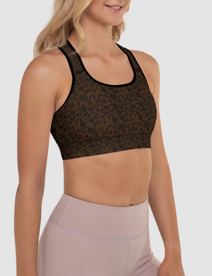 Coffee Style Faux Lace Crochet Print Pattern | Women's Padded Sports Bra OniTakai