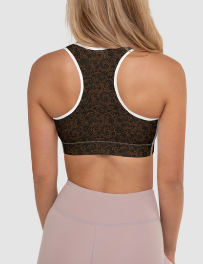 Coffee Style Faux Lace Crochet Print Pattern | Women's Padded Sports Bra OniTakai