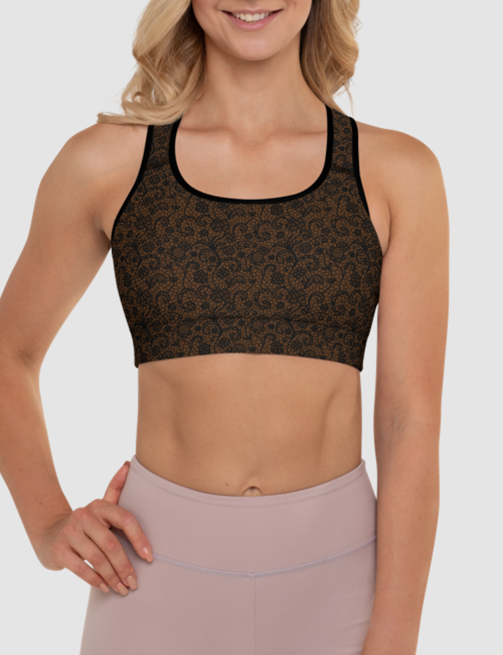 Coffee Style Faux Lace Crochet Print Pattern | Women's Padded Sports Bra OniTakai