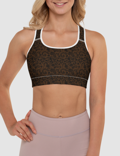 Coffee Style Faux Lace Crochet Print Pattern | Women's Padded Sports Bra OniTakai