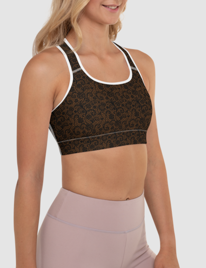 Coffee Style Faux Lace Crochet Print Pattern | Women's Padded Sports Bra OniTakai