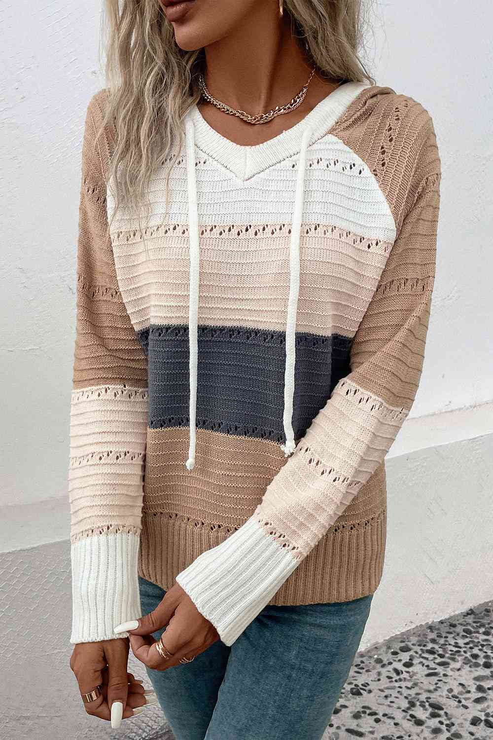 Color Block Drawstring Hooded Sweater OniTakai