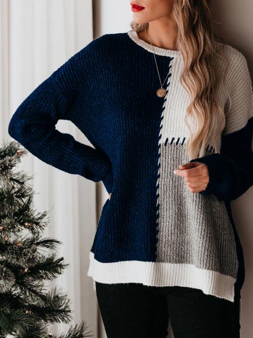 Color Block Round Neck Long Sleeve Sweater OniTakai