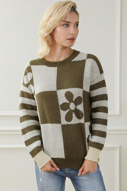 Contrast Round Neck Long Sleeve Sweater OniTakai