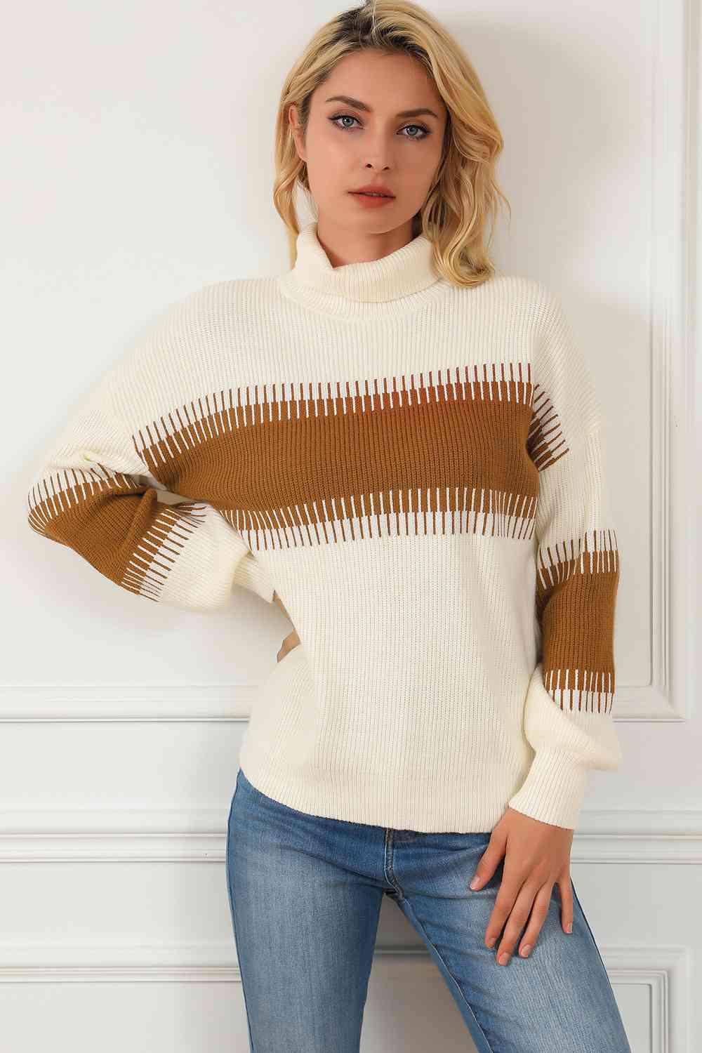 Contrast Turtleneck Long Sleeve Sweater OniTakai
