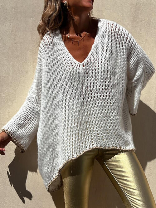 Contrast V-Neck Long Sleeve Sweater OniTakai