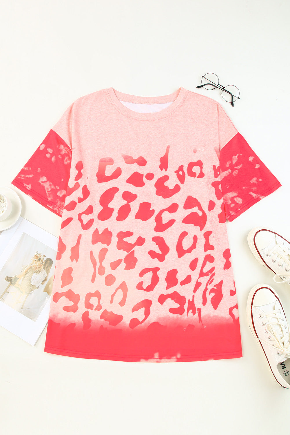 Coral Leopard Print Round Neck Dropped Shoulders Long Tee OniTakai