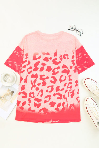 Coral Leopard Print Round Neck Dropped Shoulders Long Tee OniTakai