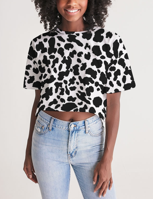 Cow Print Women's Oversized Crop Top T-Shirt OniTakai