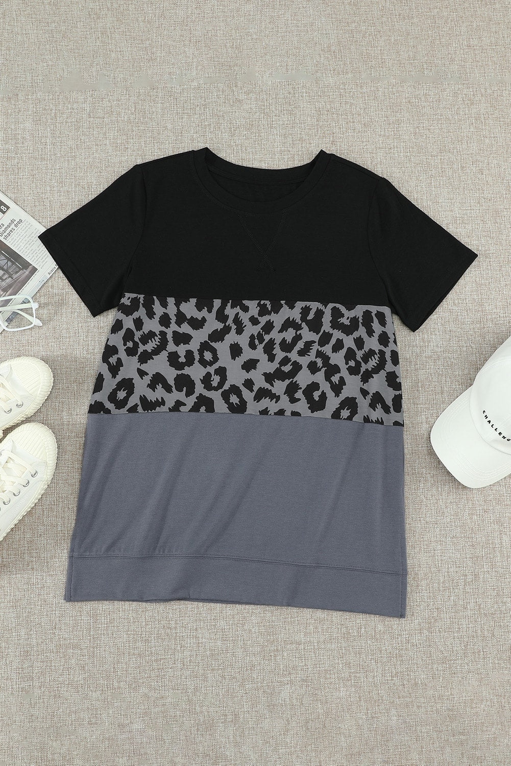 Dark Leopard Print Color Block Women's Short Sleeve T-Shirt OniTakai