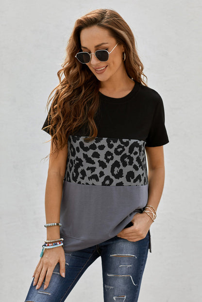 Dark Leopard Print Color Block Women's Short Sleeve T-Shirt OniTakai