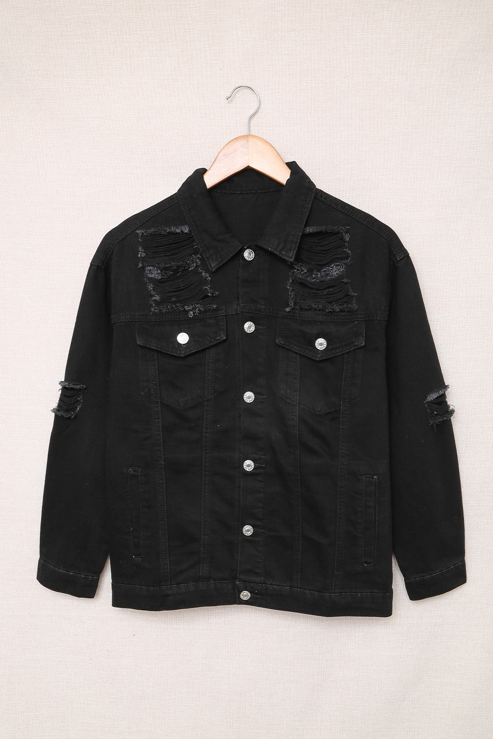 Distressed Button-Up Denim Jacket with Pockets OniTakai