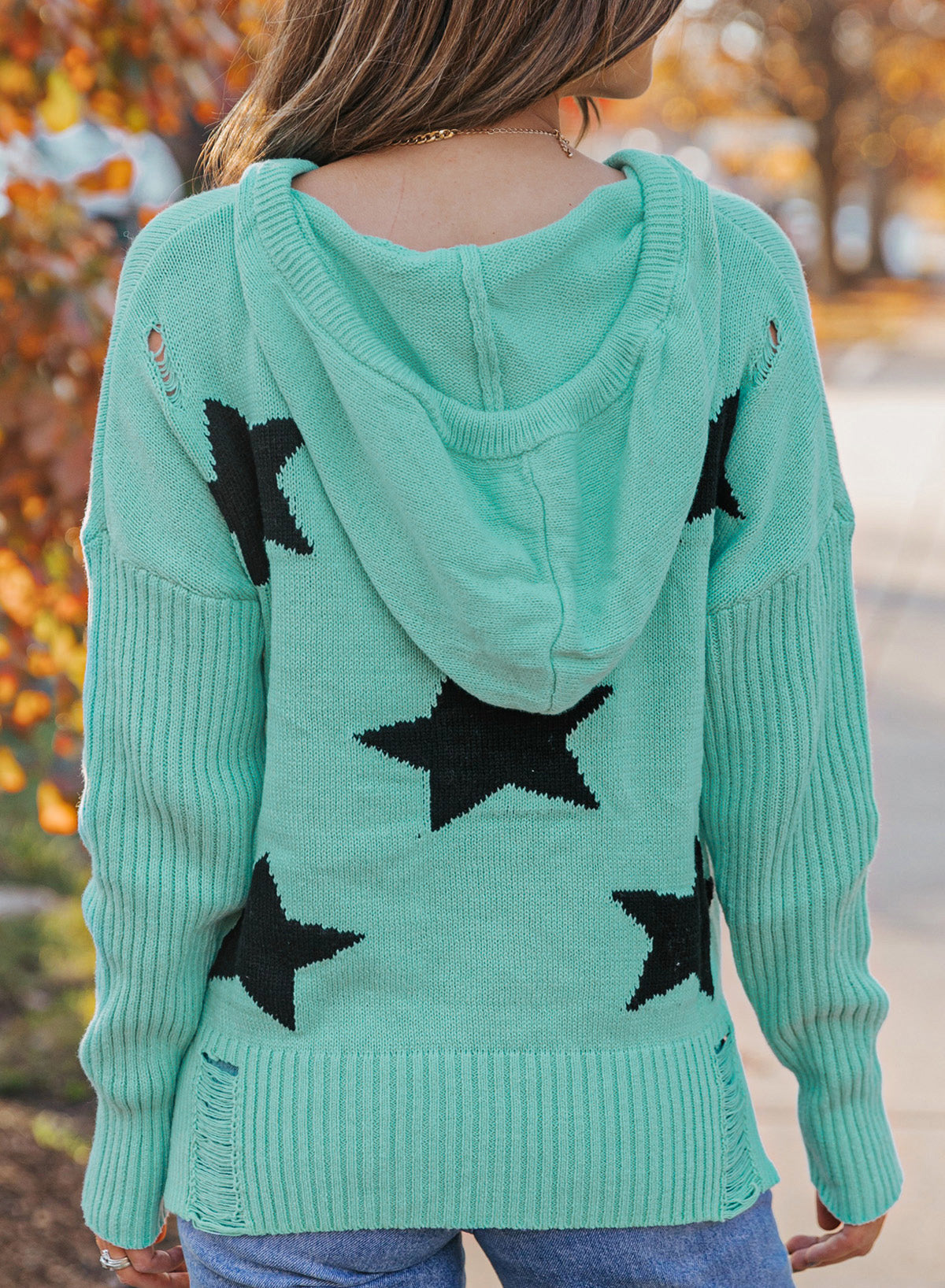 Distressed Star Pattern Slit Hooded Drawstring Sweater OniTakai