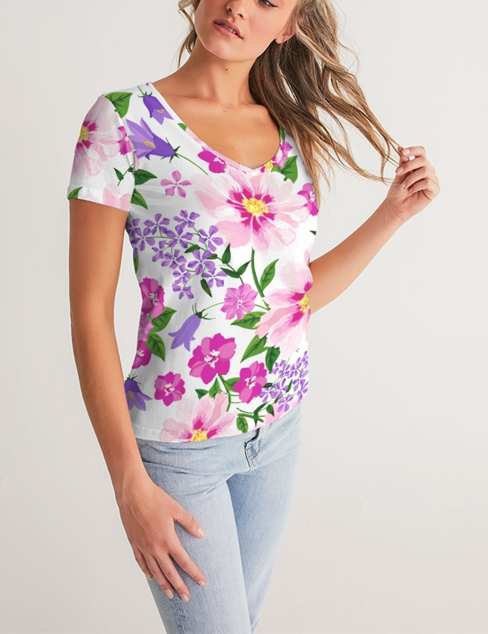 Elegant Floral Print | Women's V-Neck T-Shirt OniTakai