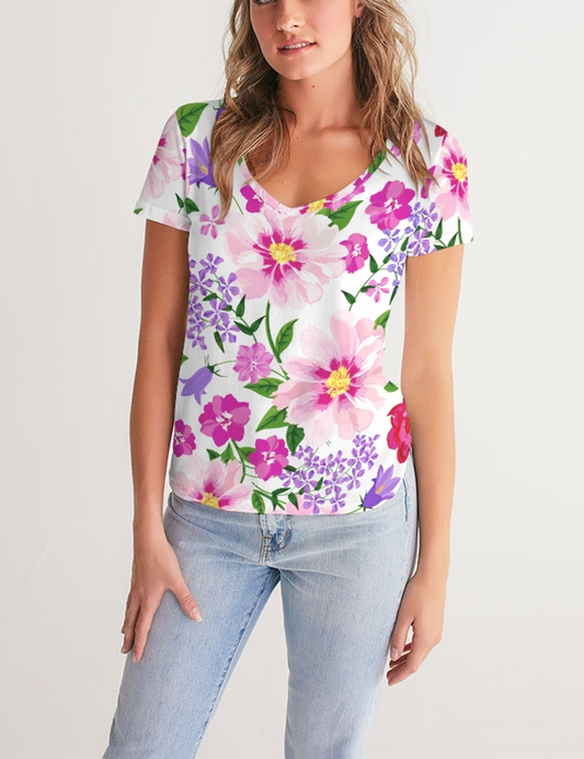 Elegant Floral Print | Women's V-Neck T-Shirt OniTakai