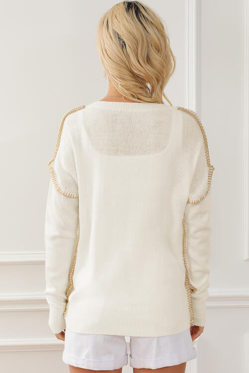 Exposed Seam Round Neck Long Sleeve Sweater OniTakai