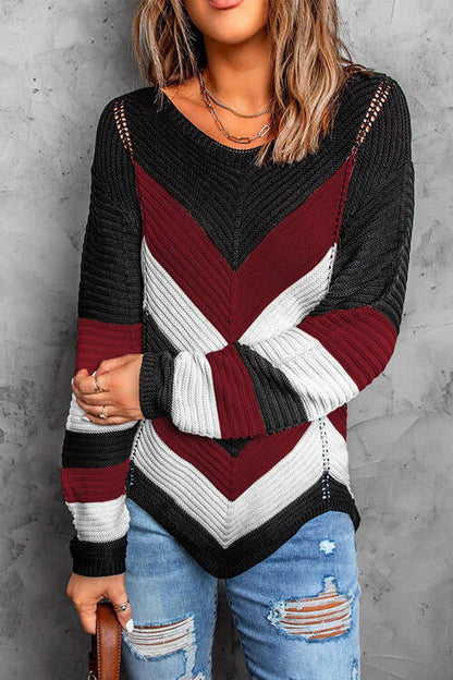 Eyelet Color Block Long Sleeve Sweater OniTakai