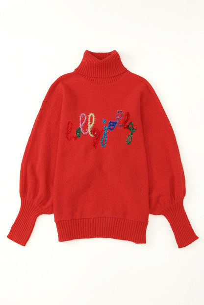 Fiery Red Christmas Holly Jolly Tinsel Graphic High Neck Sweater OniTakai