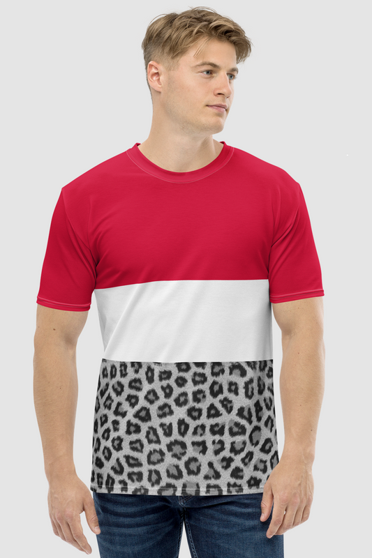 Fiery Red Leopard Color Block Men's Sublimated T-Shirt OniTakai
