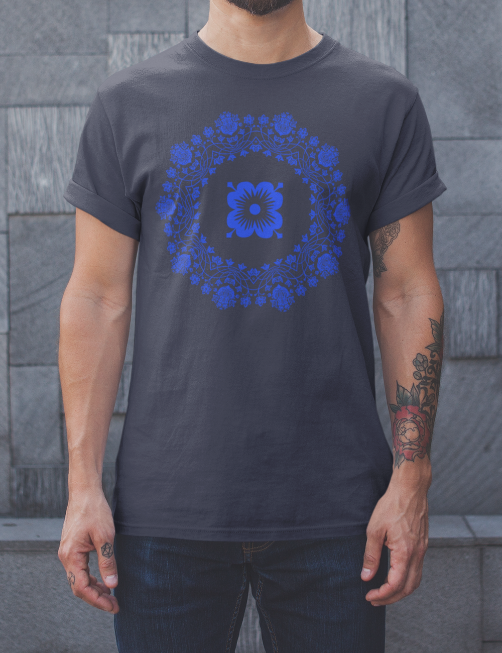 Floral Blue Circle Pattern | T-Shirt OniTakai