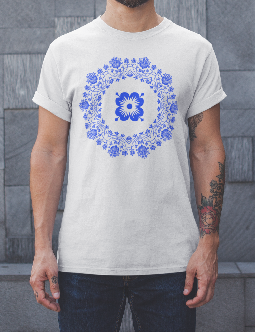 Floral Blue Circle Pattern | T-Shirt OniTakai